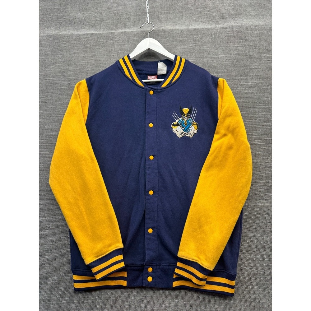 Wolverine Marvel Varsity Jacket Mens Large Blue Yellow Fleece Lined Cotton Patch